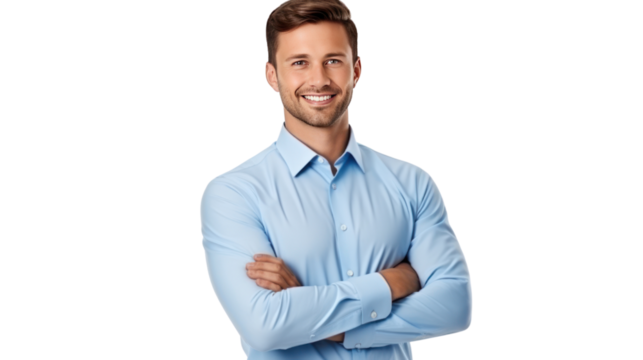 Handsome smiling business man in blue shirt  isolated on transparent and white background.PNG image.	