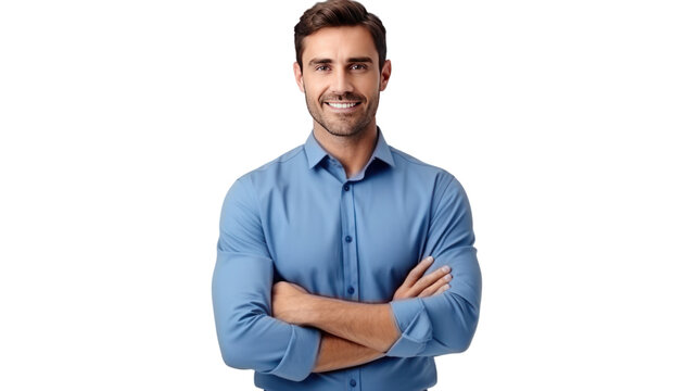Handsome smiling business man in blue shirt  isolated on transparent and white background.PNG image.	
