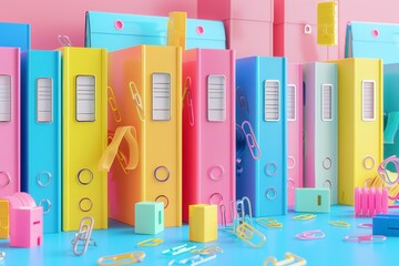 File Folders and Paper Clips Showcasing organized file folders with paper clips and other stationery accessories - obrazy, fototapety, plakaty