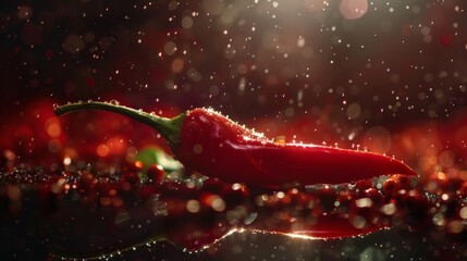 A red chili pepper glistening with tiny beads of sweat, symbolizing its intense heat