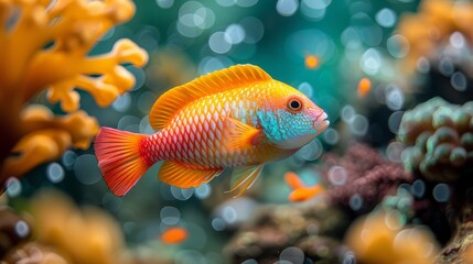 Fototapeta premium A close-up of a fish swimming near vibrant coral reefs, surrounded by clear water in the background