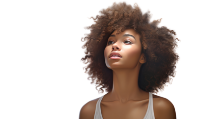 Young afro woman posing  isolated on transparent and white background.PNG image.	