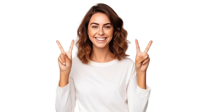 Young caucasian woman smiling and showing victory sign isolated on transparent and white background.PNG image.	