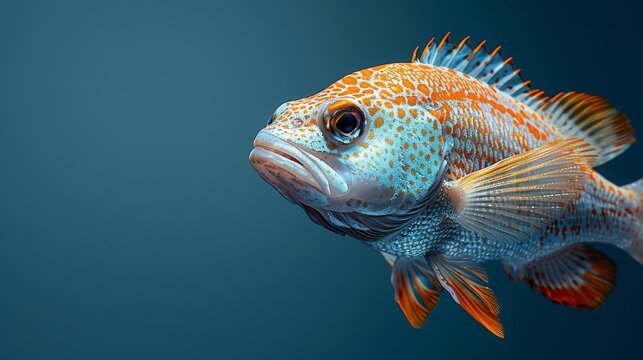  Close-up photo of a blue and orange fish on black background, with a blue sky visible in the background