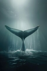 A whale's tail is visible in the water. Suitable for marine life concepts