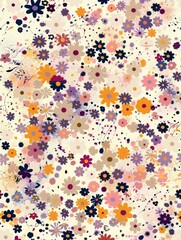 A scattered floral pattern with flowers of various sizes randomly placed on the background