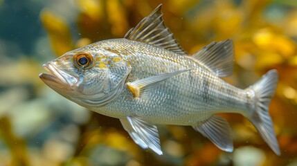  Close-up of a fish in water with vegetation and blue sky in background