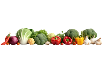 Row of various fresh vegetables isolated on transparent and white background.PNG image.