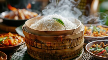 A steaming basket of fragrant jasmine rice served alongside a colorful selection of Thai curries