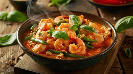 A steaming bowl of red Thai curry with plump shrimp, green beans, and fresh basil leaves on a rustic wooden table - obrazy, fototapety, plakaty