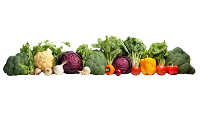 Row of various fresh vegetables isolated on transparent and white background.PNG image.