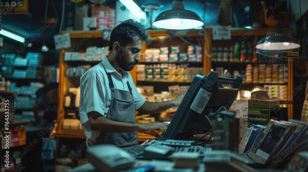 Aufkleber A man working at a computer in a store, suitable for business and technology concepts