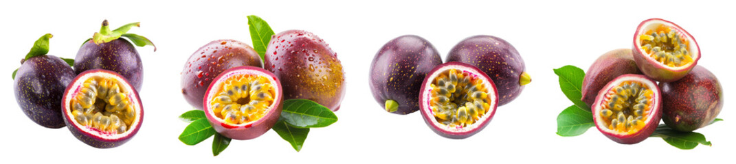 Fresh passion fruit with green leaves isolated on transparent background - obrazy, fototapety, plakaty
