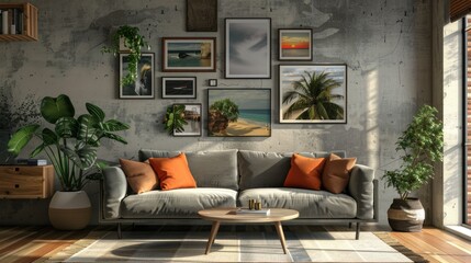 A cozy living room with a couch and coffee table. Suitable for home decor concepts