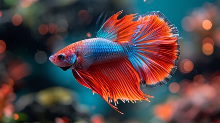 Fototapeta premium A close-up of a red and blue Siamese fish in a fish tank, surrounded by other fish in the background