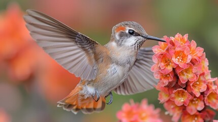 Obraz premium A hummingbird, with its wings open, is hovering above a flower