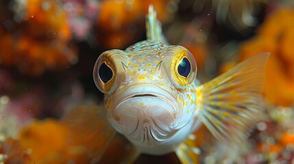 Obraz premium A photo of a fish, showing its yellow spots, against an out-of-focus backdrop of orange blossoms