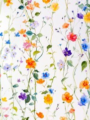 A whimsical pattern of watercolor wildflowers climbing up a trellis against a white backdrop