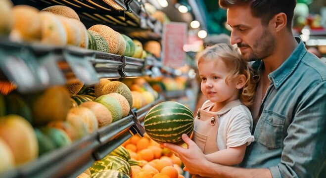 woman with man and child choosing melon fruit during shopping at vegetable supermarket