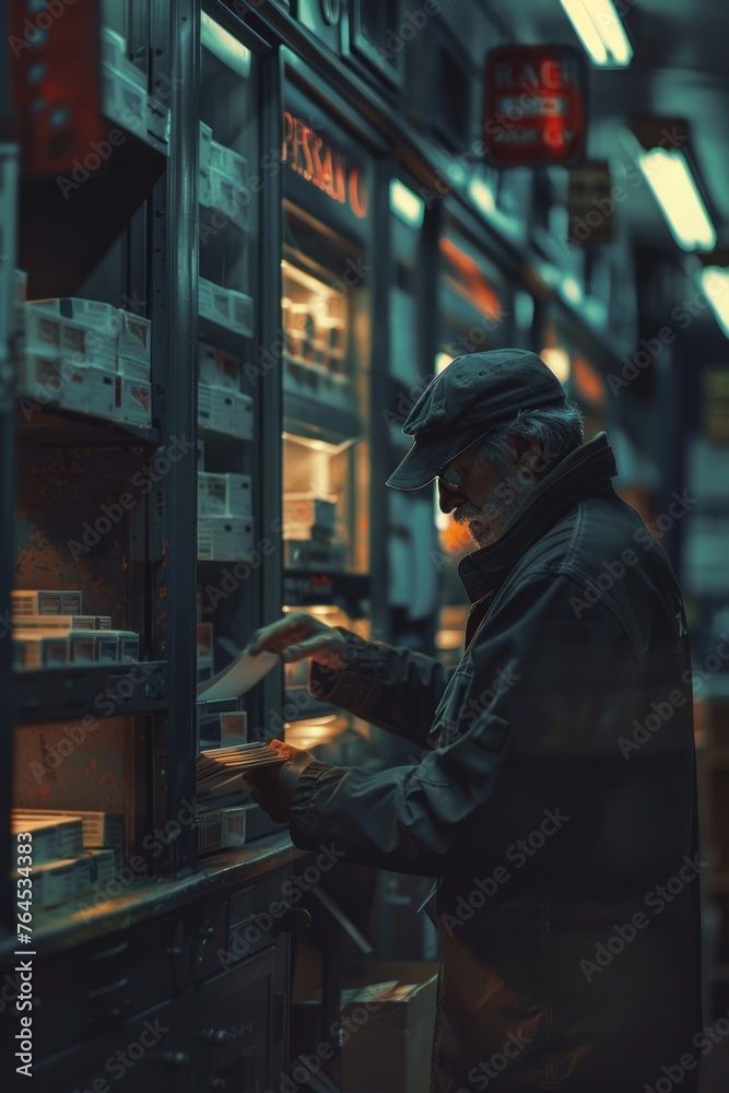 Poster a man standing in front of a shelf filled with various food items. suitable for grocery store or foo