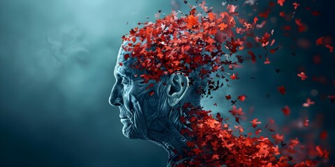 Illustration showing loss of memory and cognitive functions associated with Alzheimers. Concept Memory Loss, Cognitive Decline, Alzheimer's Disease, Brain Health, Neurological Disorders - obrazy, fototapety, plakaty