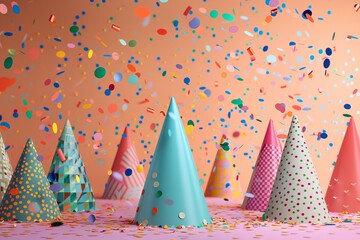 Obraz premium Party Hats and Confetti Depicting party hats in various colors and patterns with confetti scattered around