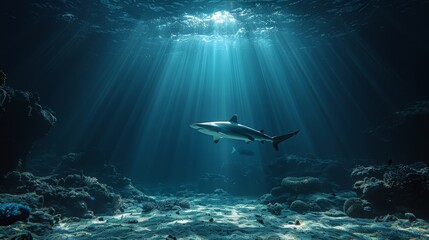  A shark swimming in the sunlit ocean, sunlight filtering through the water