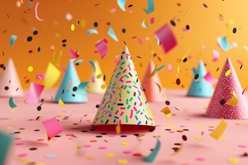 Party Hats and Confetti Depicting party hats in various colors and patterns with confetti scattered around