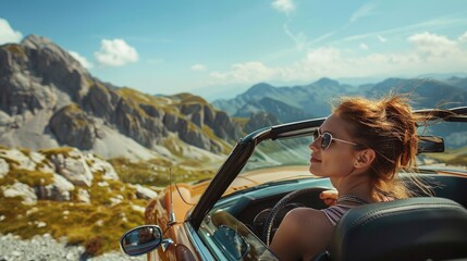 A woman sitting in a car with a scenic mountain backdrop. Suitable for travel and transportation concepts