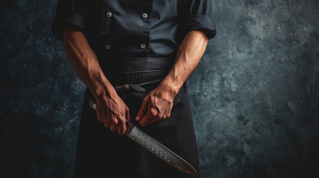 A chef holding a knife. Suitable for culinary concepts