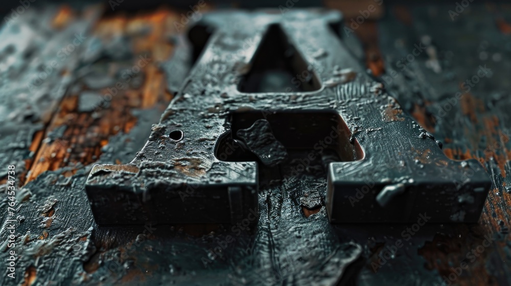 Poster close up of a metal letter on a rustic wooden surface, perfect for adding a personalized touch to yo