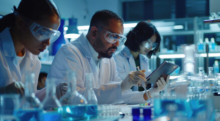  scientists in white coats working together on an experiment, while another scientist watches from behind holding his tablet computer and wearing blue gloves - obrazy, fototapety, plakaty