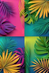 Fototapeta na wymiar Vibrant tropical leaves in four different colors, perfect for nature designs