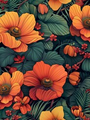 Design a layered floral pattern with flowers in the foreground and foliage in the background
