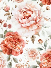 Delicate watercolor peonies and roses in soft pastel shades on a white background