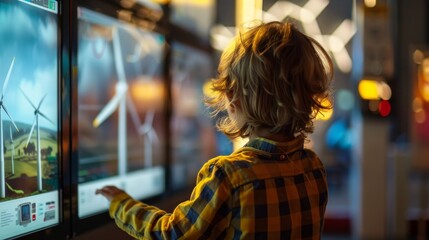 Fototapeta premium A young child explores a renewable energy exhibit at a science museum