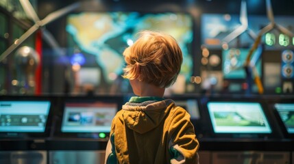 Fototapeta premium A young child explores a renewable energy exhibit at a science museum