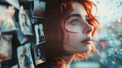 A woman with vibrant red hair looking out of a window. Suitable for lifestyle or home decor concepts - obrazy, fototapety, plakaty