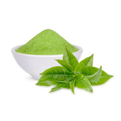 Green tea powder in a white cup with leaves isolated on transparent background. (.PNG)