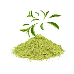 Green matcha powder with leaves isolated on transparent background. (.PNG)