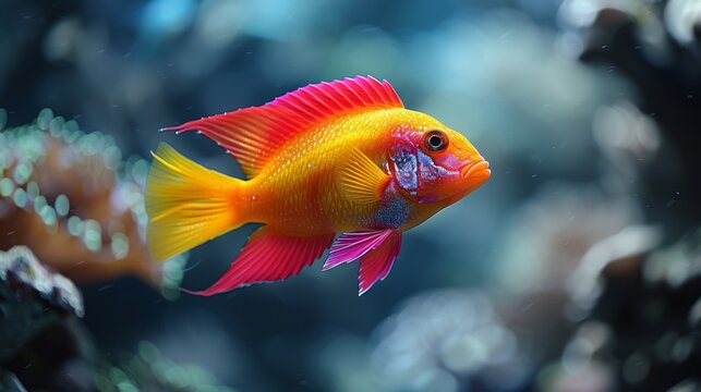  A close-up photo of a red and yellow fish swimming in an aquarium with various other fish and stones in the background