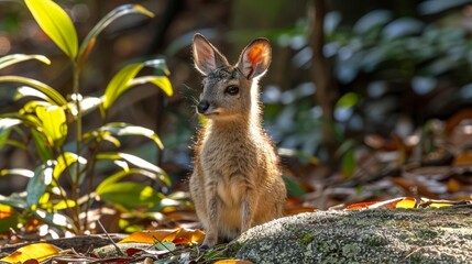Obraz premium A close-up image of a tiny animal amidst a sea of green grass, dirt, trees, and bushes