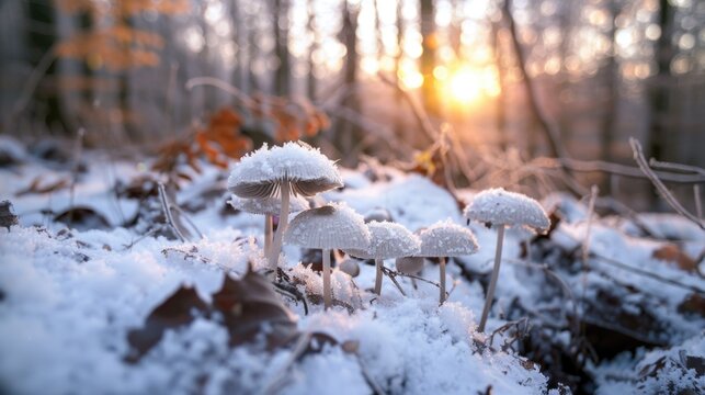 Group of mushrooms on snow, perfect for winter themes - Powered by Adobe