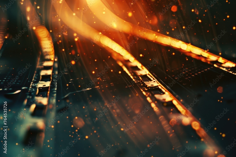 Poster Close up view of train track with lights. Suitable for transportation and travel concepts