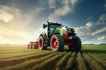 Tractor and Field Rows in the concept of modern agriculture and mechanized farming