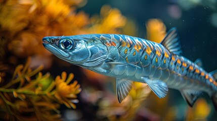  A macro shot of a fish in an aquarium surrounded by foliage