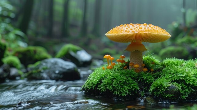  A yellow fungus on a moss-covered boulder amidst a stream within a woodland