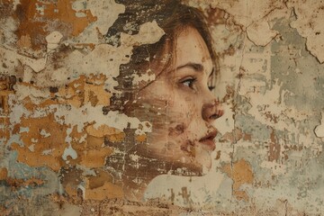 A woman's face painted on a wall with peeling paint. Suitable for artistic projects