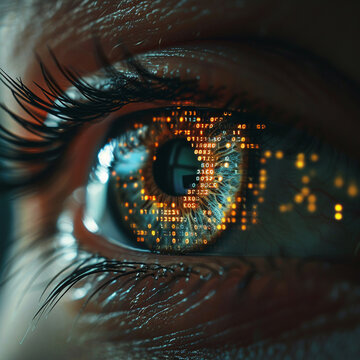 A close-up image of an eye that transforms into a digital landscape with pixels and binary code seamlessly blending into the iris and surrounding skin