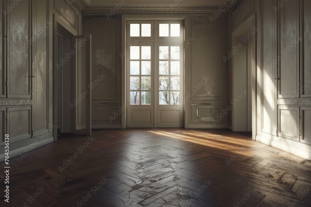 Poster A simple image of an empty room with a door and a window. Suitable for various design projects
